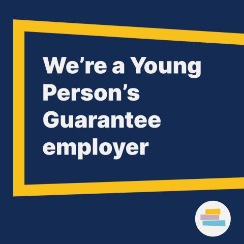 Dark blue card with yellow border and white text that says 'We're a Young Person's Guarantee employer'