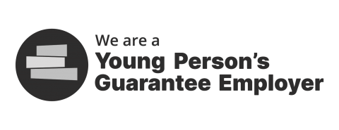 Black text that says 'We are a Young Person's Guarantee Employer' with circle logo in grey and black 