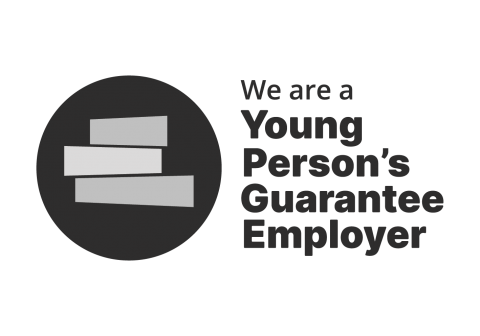 Black text that says 'We are a Young Person's Guarantee Employer' with circle logo in grey and black 