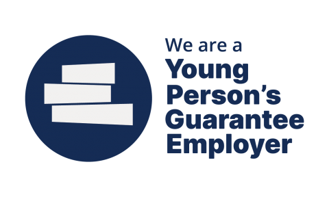 Dark blue text that says 'We are a Young Person's Guarantee Employer' with circle logo in dark blue