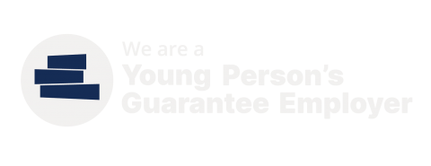 White text that says 'We are a Young Person's Guarantee Employer' and circle logo in white with dark blue bars