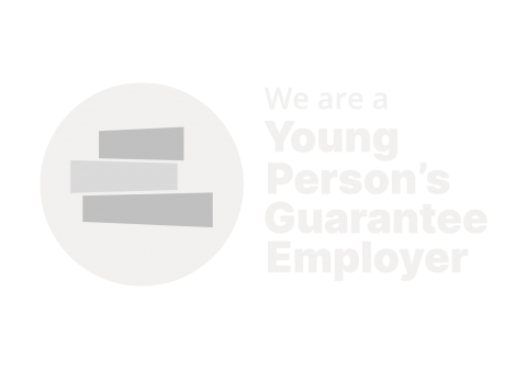  White text that says 'We are a Young Person's Guarantee Employer' with circle logo in white with grey bars
