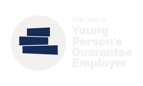 White text that says 'We are a Young Person's Guarantee Employer'and circle logo in white with dark blue bars
