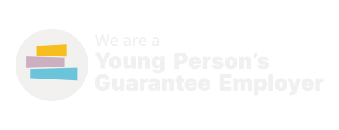 White text that says 'We are a Young Person's Guarantee Employer'and circle logo in white with coloured bars