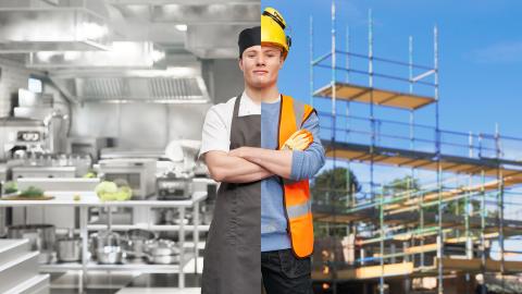  Young white man - half chef half construction worker