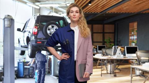 Young white woman - half IT professional half mechanic