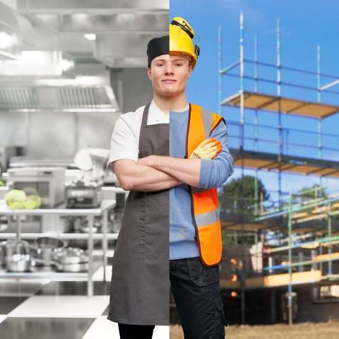 Young white man - half chef half construction worker