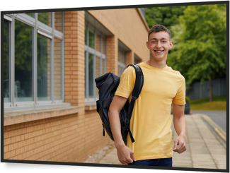 Young man smiling and wearing a yellow t shirt outside a building